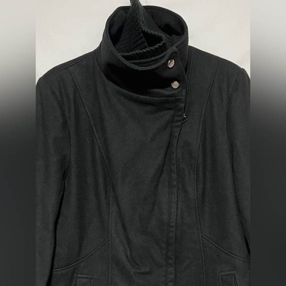 Steve Madden Long Black Wool Blend Coat | Jacket | Asymmetrical Zip Winter Fall - Picture 4 of 16